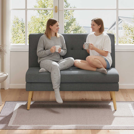2-Seater Sofa, Tufted Back, Wood Legs, Linen Look, Grey