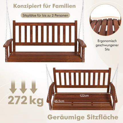2-Seater Solid Wood Porch Swing, Adjustable Chains, 230kg Capacity