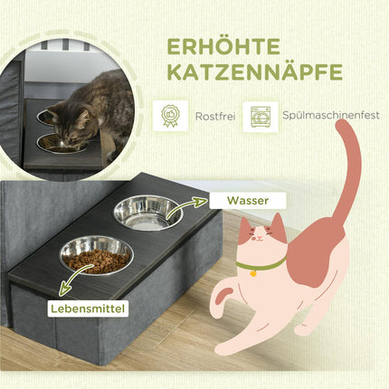 Cat bed with 2 bowls in stainless steel, grey, up to 8 kg