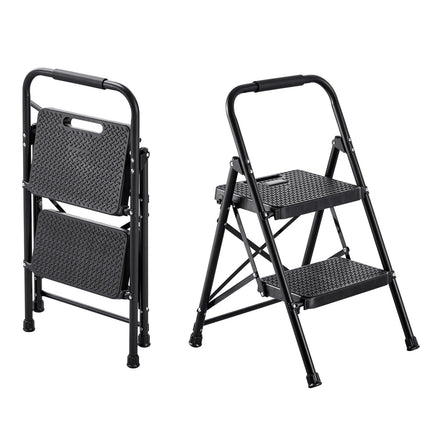 2-Step Folding Steel Ladder, 600 lb, Anti-Slip, Black