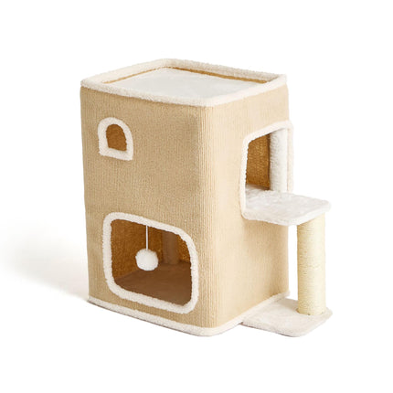 2-Storey Cat House with Sisal Post & Toys - Beige