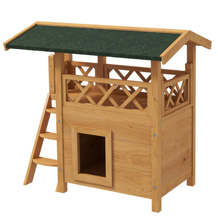 Wooden 2-story cat house with balcony and asphalt roof