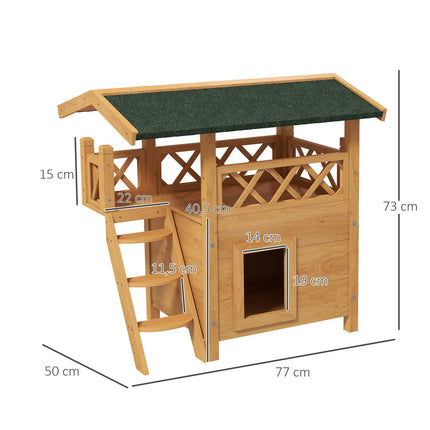 Wooden 2-story cat house with balcony and asphalt roof