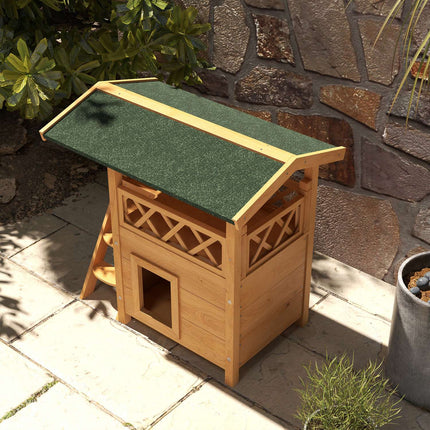 Wooden 2-story cat house with balcony and asphalt roof