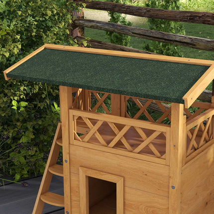 Wooden 2-story cat house with balcony and asphalt roof