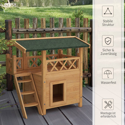 Wooden 2-story cat house with balcony and asphalt roof