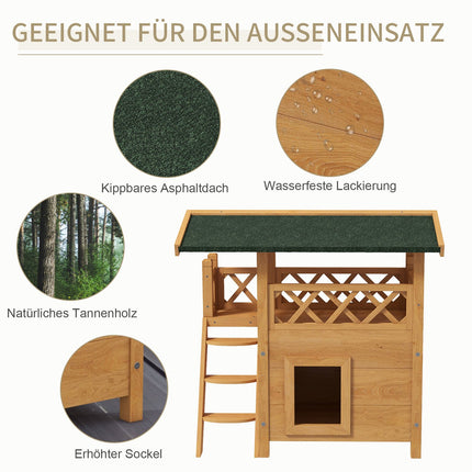 Wooden 2-story cat house with balcony and asphalt roof