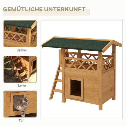 Wooden 2-story cat house with balcony and asphalt roof