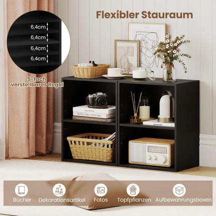 2-Tier Black Wood Bookshelf with Adjustable Shelves