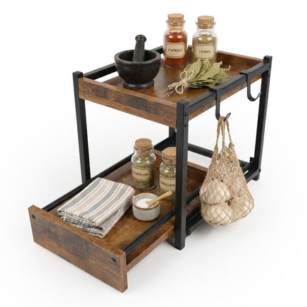 2-Tier Brown Spice Rack with Hooks & Pull-Out Drawer