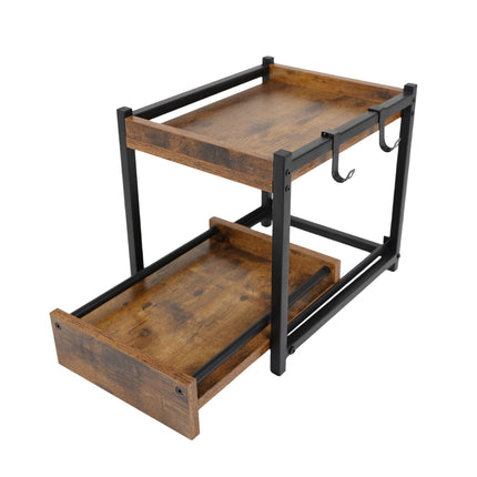 2-Tier Brown Spice Rack with Hooks & Pull-Out Drawer