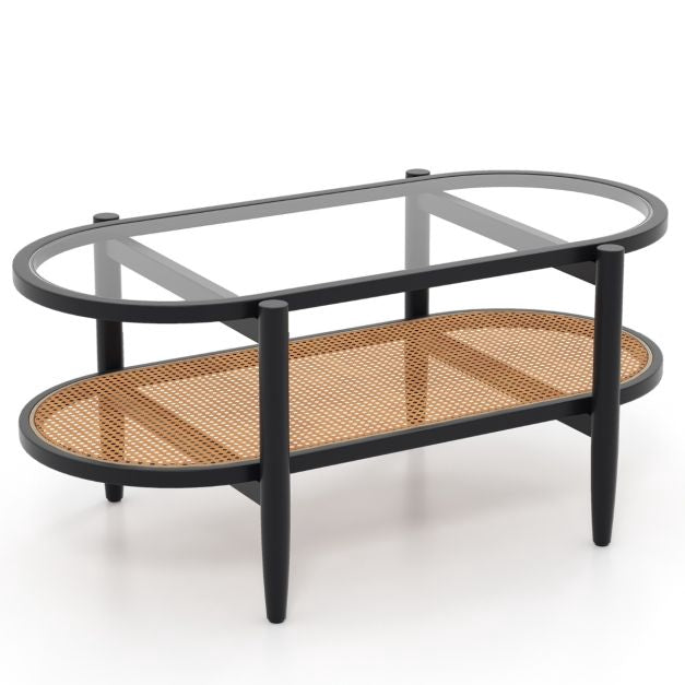 Salontafel met 2 niveaus – Blad van gehard glas, frame van acaciahout