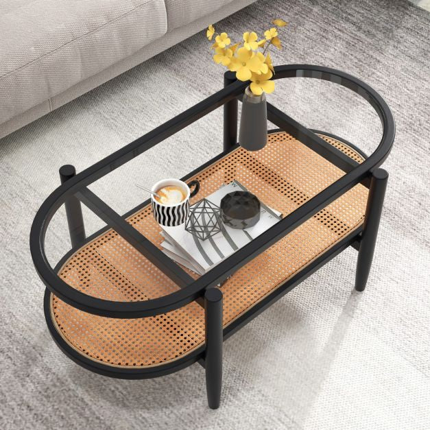 Salontafel met 2 niveaus – Blad van gehard glas, frame van acaciahout