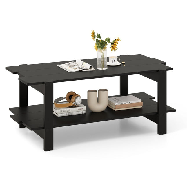 2-Tier Coffee Table with Shelf, Black Wood