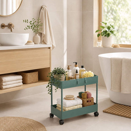 2-Tier Dark Green Serving Trolley with Wheels