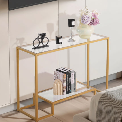 2-Tier Glass Console Table, Tempered Glass, Gold
