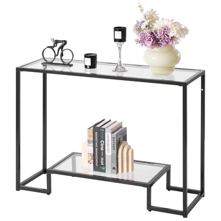 2-Tier Glass Console Table, Tempered Glass, Iron Legs, Black