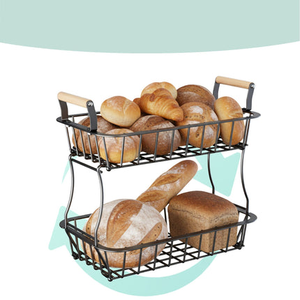2-Tier Metal Fruit Basket with Wooden Handles