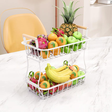 2-Tier Metal Fruit Basket with Wooden Handles