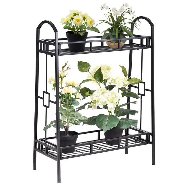 2-Tier Metal Plant Stand, Black Steel Indoor Outdoor
