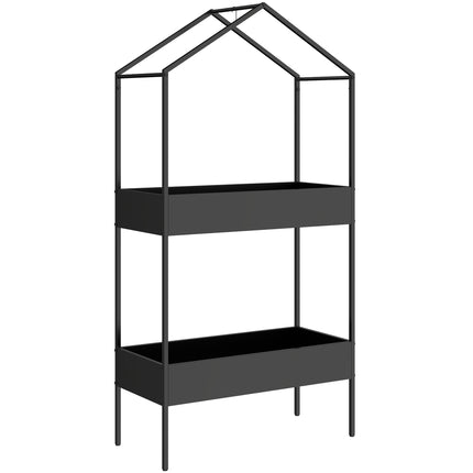 2-Tier Metal Plant Stand with Hook, 150 cm Tall, Black