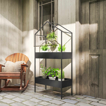 2-Tier Metal Plant Stand with Hook, 150 cm Tall, Black