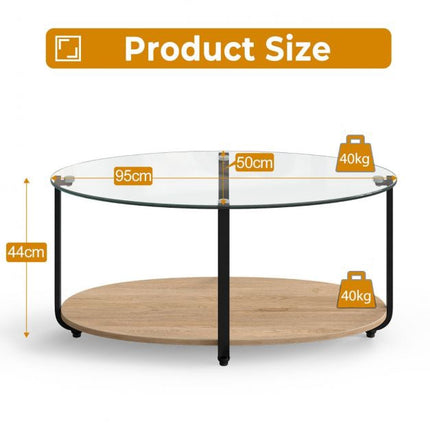 2-Tier Oval Coffee Table – Tempered Glass Top, Wood Shelf