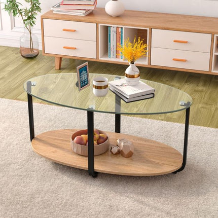 2-Tier Oval Coffee Table – Tempered Glass Top, Wood Shelf