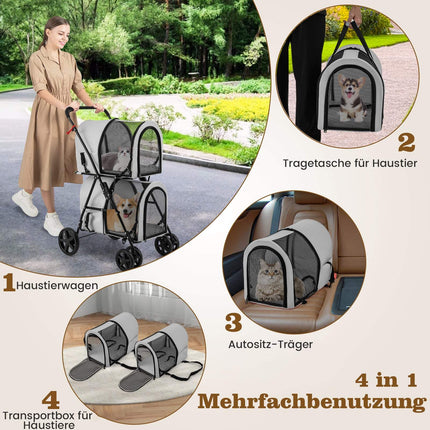 2-Tier Pet Stroller, 16kg Capacity, Grey, Mesh Windows