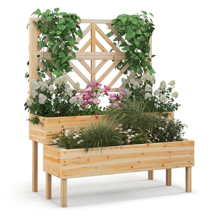 2-Tier Raised Garden Bed with Trellis, Natural Wood