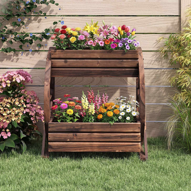 2-Tier Raised Wagon Planter, Fir Wood, Drainage Holes