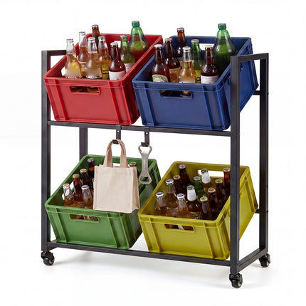 2-Tier Rolling Drink Crate Rack with Wheels, Black