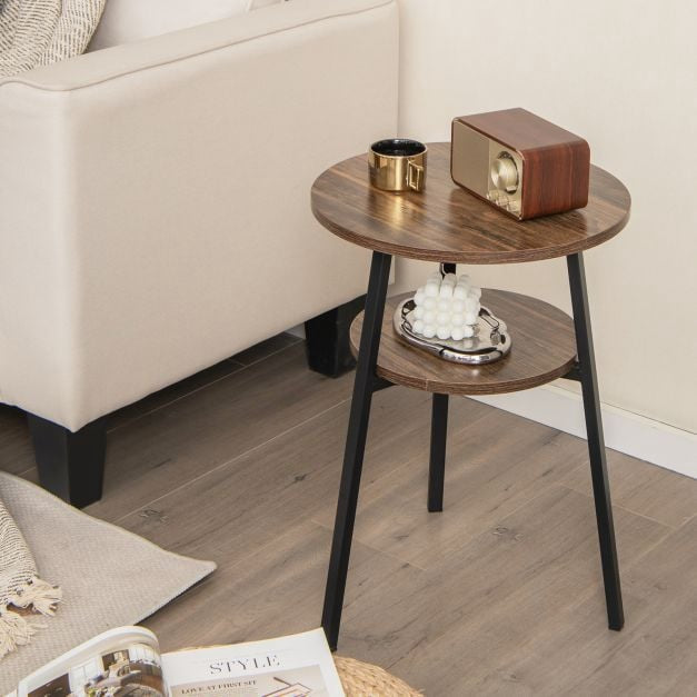 2-Tier Round End Table, Open Shelf, Metal Frame, Brown