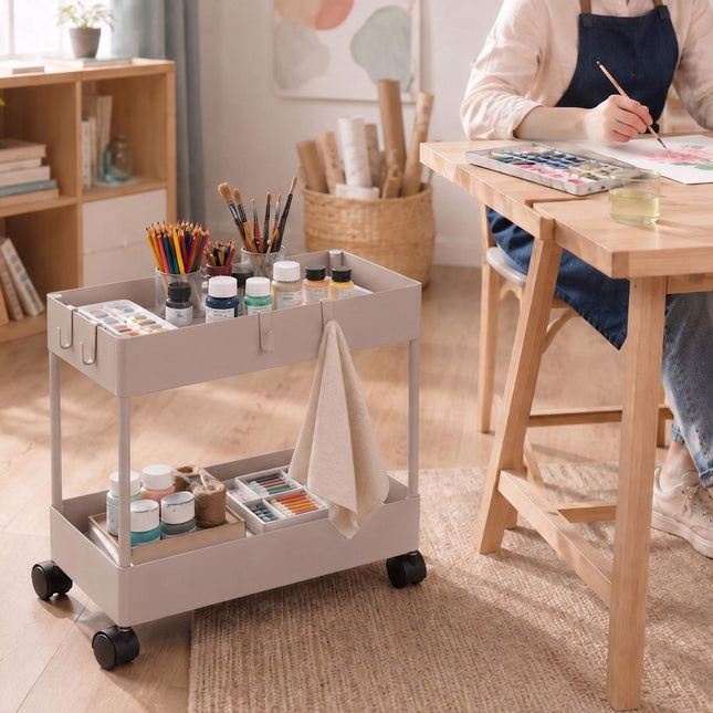 2-Tier Serving Trolley with Wheels, Beige