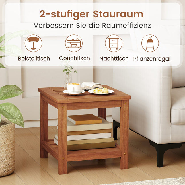 2-Tier Solid Wood Side Table with Shelf, Natural Finish
