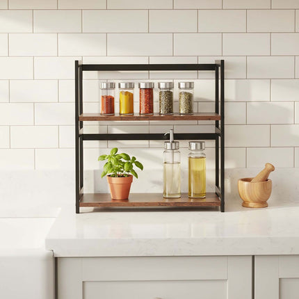 2-Tier Spice Rack Shelf, MDF and Iron, Brown/Black