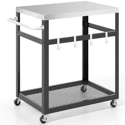 2 Tier Stainless Steel Grill Cart with Wheels & Handle & Hooks Outdoor Cart Work Table