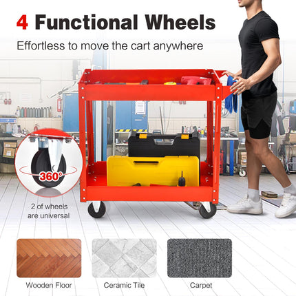 2-Tier Utility Cart With Handle, Metal Frame, Red