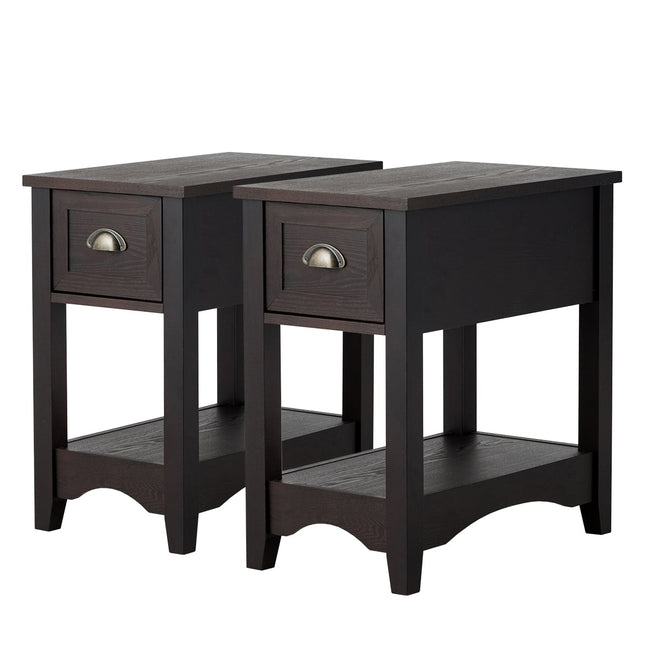 2-Tier Walnut Side Table Set with Drawer & Shelf