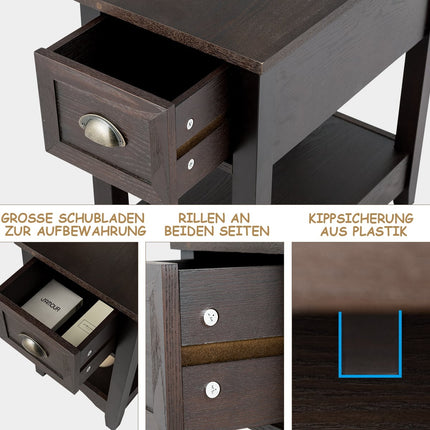 2-Tier Walnut Side Table Set with Drawer & Shelf