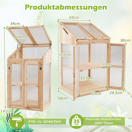 2-Tier Wooden Cold Frame Greenhouse with Doors, 69x58x121 cm