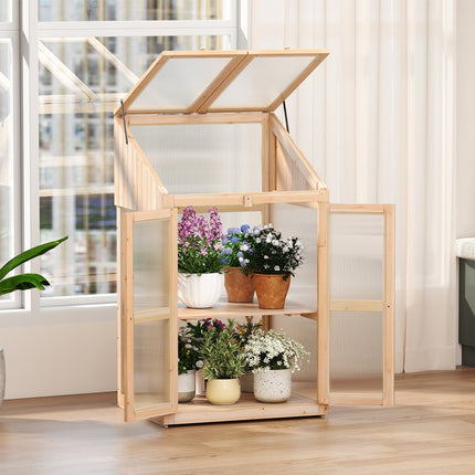 2-Tier Wooden Cold Frame Greenhouse with Doors, 69x58x121 cm