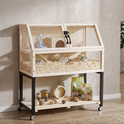 2-Tier Wooden Hamster Cage with Acrylic Windows