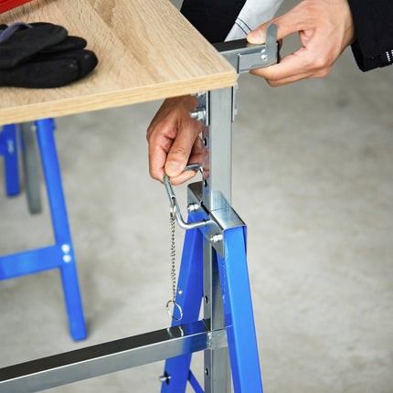 Folding steel trestle, 200 kg, adjustable height, blue