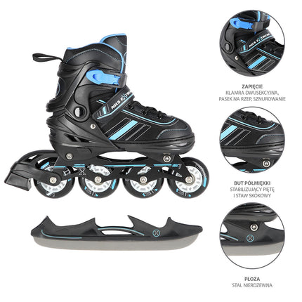 2-in-1 Black/Blue Inline & Hockey Ice Skates, Size S (29-33)