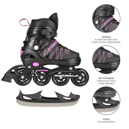 2-in-1 Black/Pink Inline & Ice Skates, Size M (35-38)
