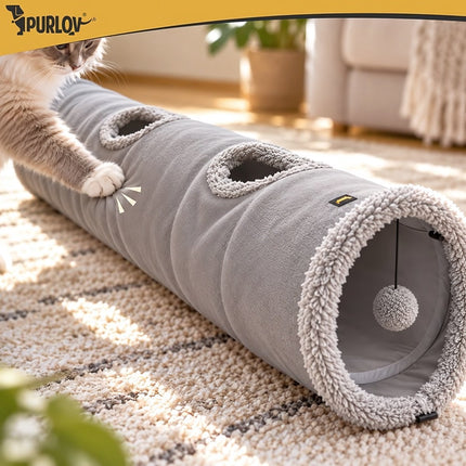 2-in-1 Cat Tunnel and Hideout 120 cm with Hanging Ball, Foldable, Grey