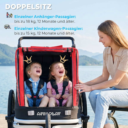 2-in-1 Child Bike Trailer Stroller, 2-Seat, Red