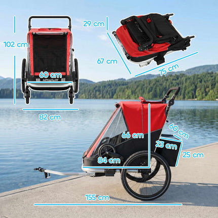 2-in-1 Child Bike Trailer Stroller, 2-Seat, Red