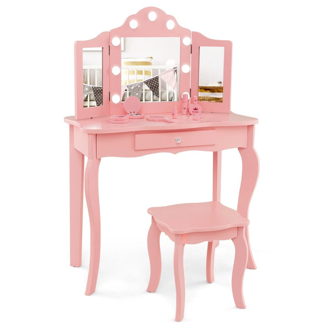 2 in 1 Children's Dressing Table with LED Lights & Folding Mirror & Drawers Pink